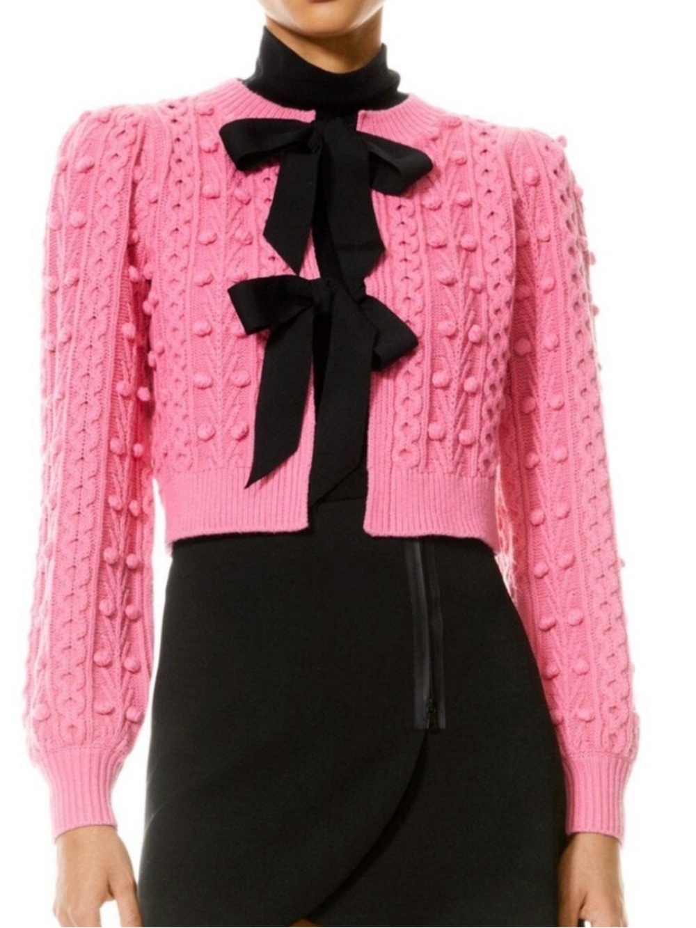Alice + Olivia Beau Cable Knit Bow Sweater Pink Small Petite S/P